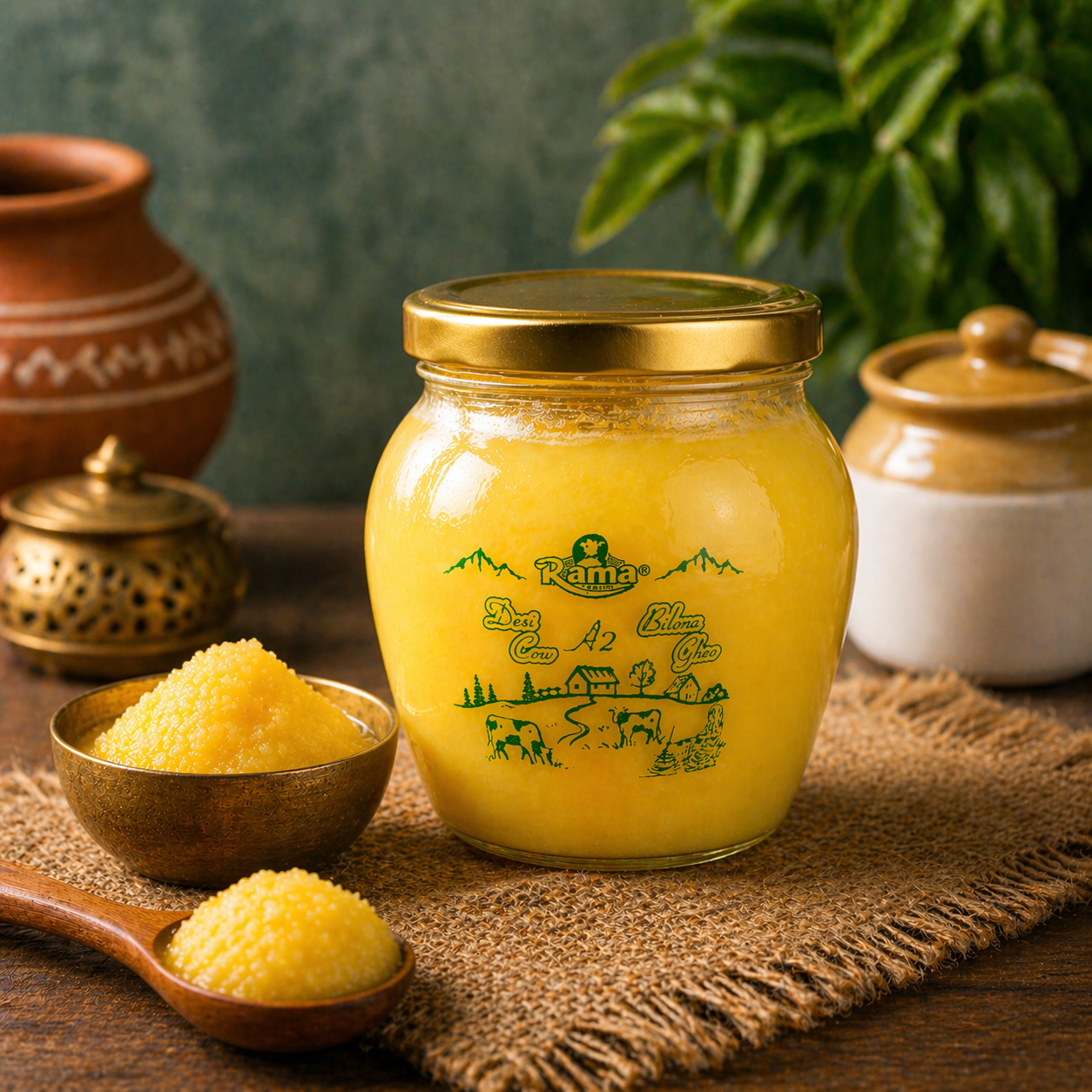 Rama Amrit 500ml A2 Bilona Gir Cow Ghee glass jar side view